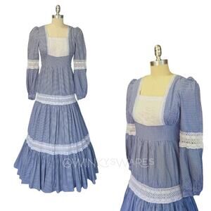 Gunne Sax Gingham Milkmaid Maxi Dress Size 11 S Navy Blue Prairie Tiered Lace